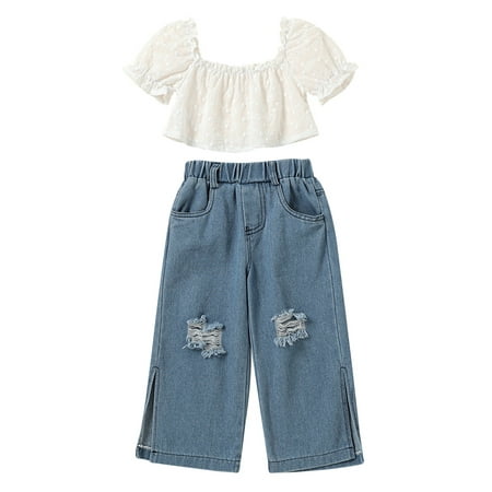 

Frobukio Kids Girls 2Pcs Clothes Sets Short Sleeve Ruffled Square Neck Lace Tops Elastic Waist Ripped Denim Pants White 3-4 Years