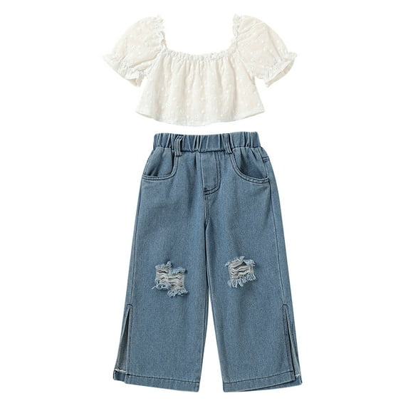 Seyurigaoka 2Pcs Kids Girls' Trousers Suit Short Sleeve Ruffled Square Neck Lace Tops + Elastic Waist Ripped Denim Pants