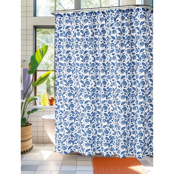 Mainstays by Becky G. & Alejandra 13-Piece White & Blue Floral Fabric Shower Curtain Set