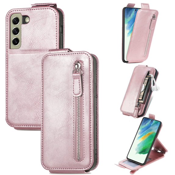 SaniMore for Samsung Galaxy S21 FE Magnetic Closure Top & Bottom Flip Wallet Case, Premium PU Leather Cover with Car Mount Card Slot & Adjustable Kickstand Full Body Protective Shell, Rosegold