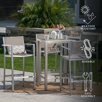 GDF Studio Crested Bay Outdoor Aluminum Bar Set, Gray Mesh with Glass Top