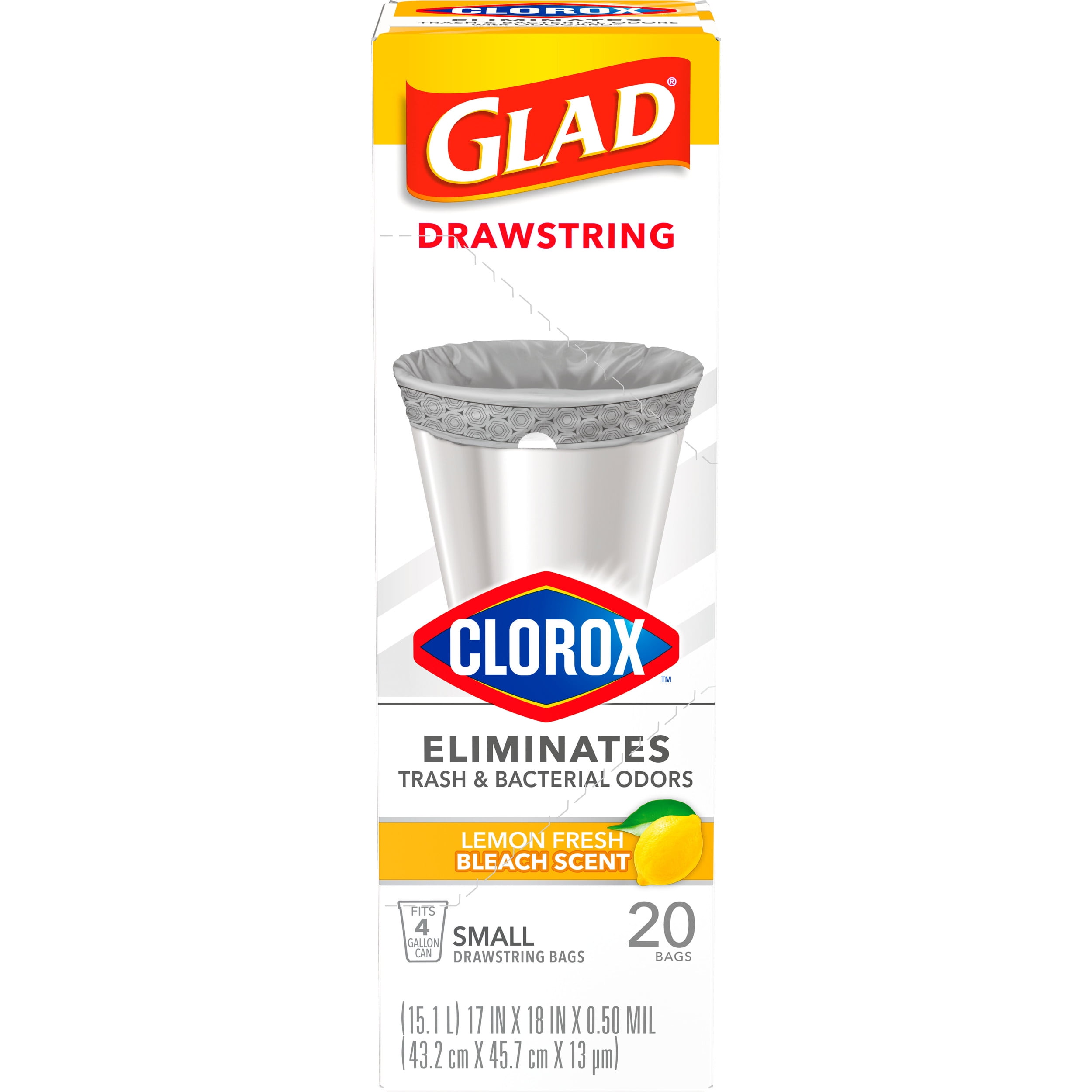 Glad Small Drawstring Trash Bags with Clorox 4 Gallon, Grey Grey