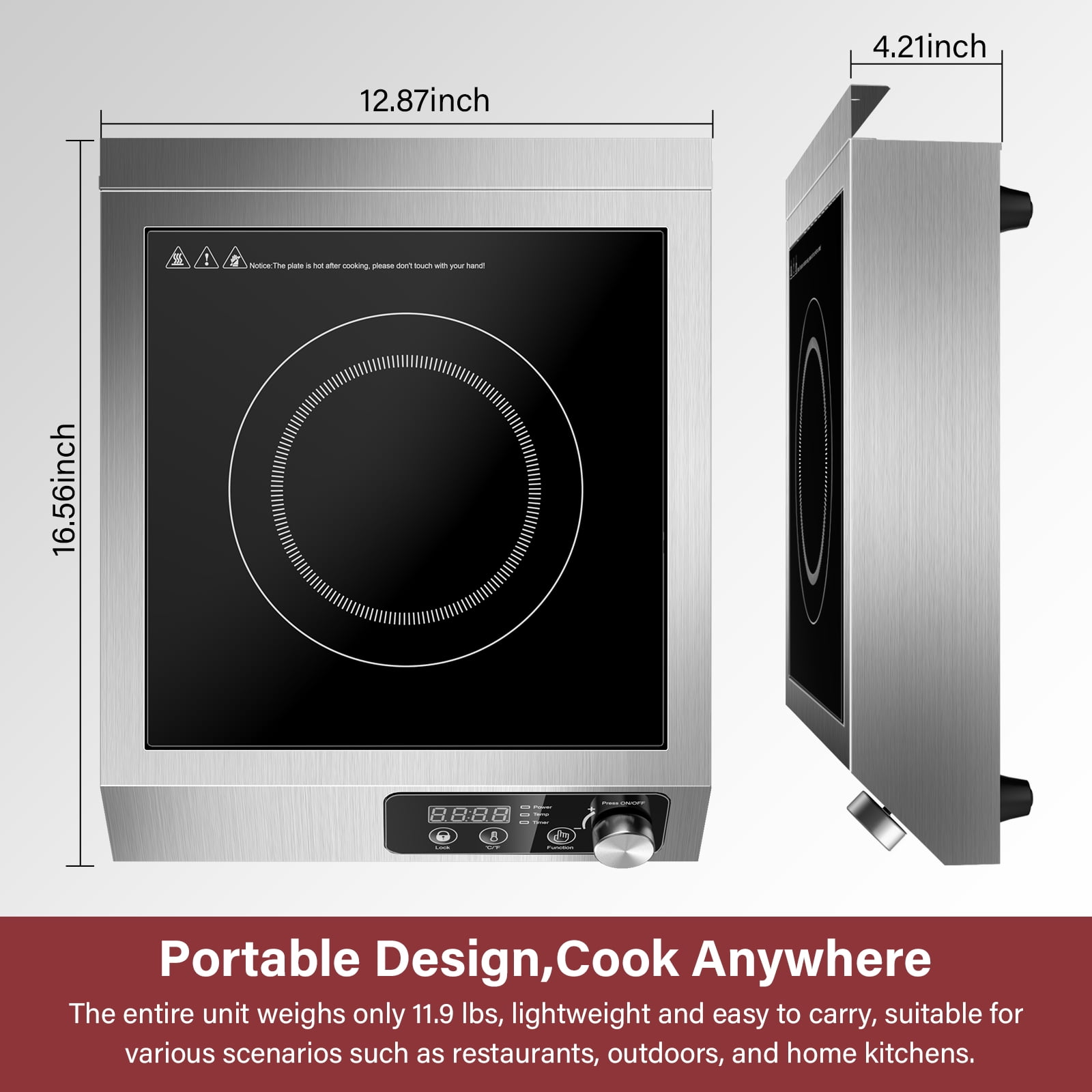 Zomagas 1800W Commercial Induction Cooktop – Portable, ETL-Certified, 10 Temp/Power Levels (140°F-460°F), Stainless Steel, Knob Control, Child Lock – For Restaurant, Home & Outdoor Use‌
