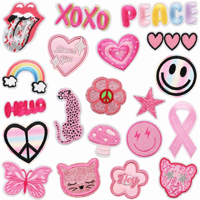 Paquete de 20, serie rosa, lindos parches bordados para planchar y coser para chaqueta, sombrero, mochila y jeans