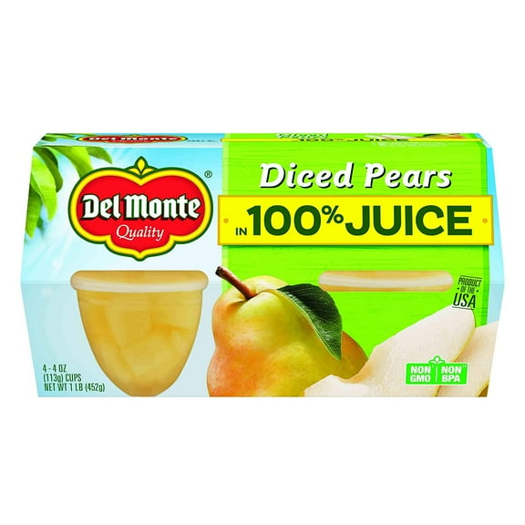 Del Monte Diced Pears Fruit Snack Cups in 100% Juice, 4-Ounce, 4-Count (Pack of 6)