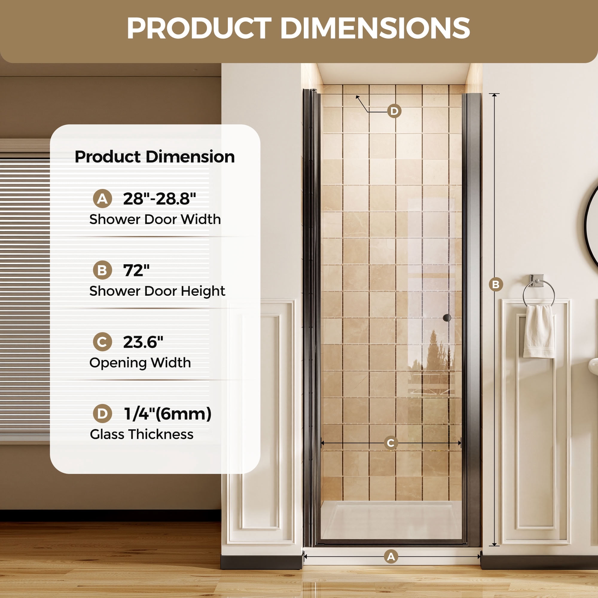 MAYEERTY Frameless Pivot Shower Door, Matte Black, 1/4" Tempered Glass with Explosion-Proof Film, Waterproof & 180° Pivot
