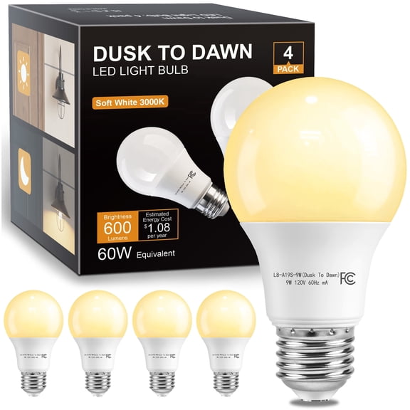 DAYBETTER Dusk to Dawn Light Bulbs Outdoor 60 Watt Equivalent, Automatic On/Off Sensor LED Light Bulb, 9W Soft White 3000K, 800Lumen, A19 E26 Bulbs,4pack