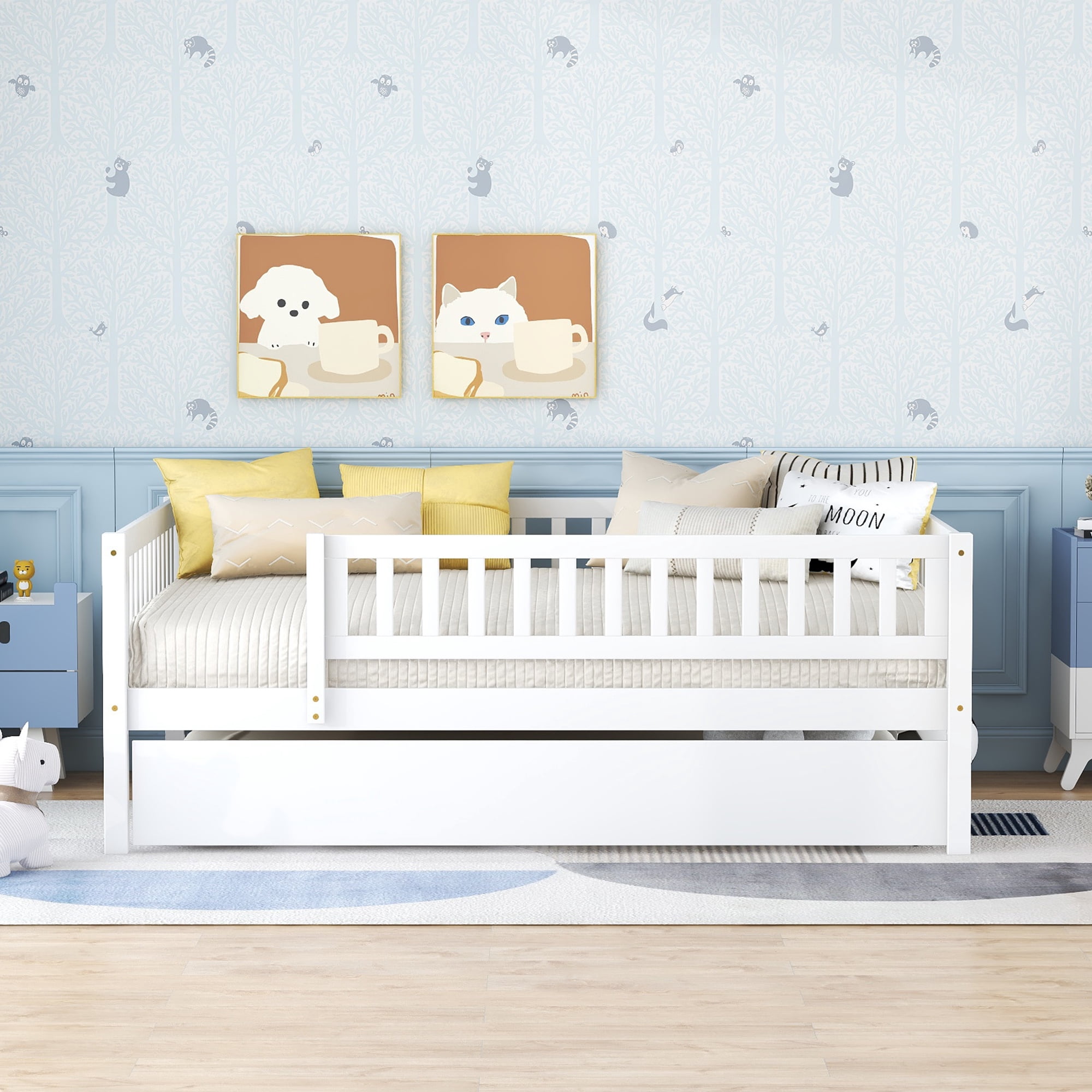 Full Size Wood Daybed with Trundle and Fence Guardrails, White