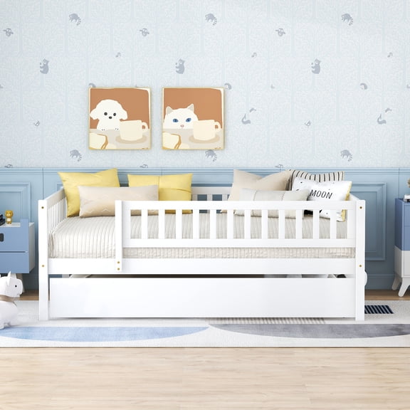 Pinovk Full Size Wood Daybed with Trundle and Fence Guardrails, White