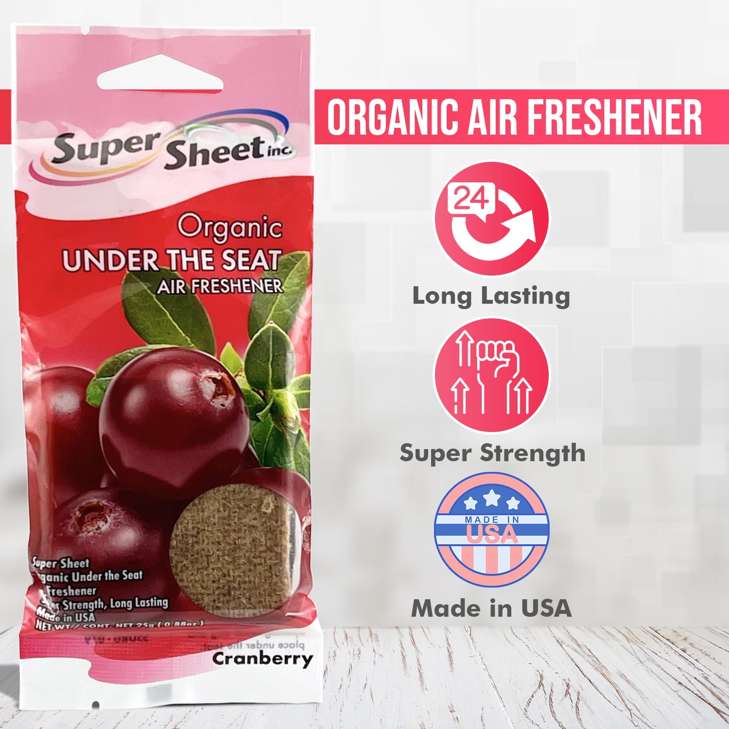 Super Sheet, Organic Under the Seat Car Air Freshener, Long Lasting Fragrance, Cranberry Scent, 6 Pack