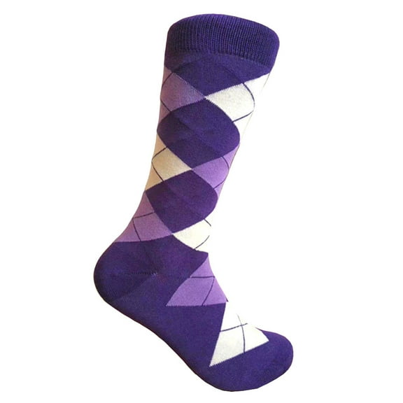 Men's Mid-calf Argyle Plaid Scottish Tartan Wedding Groomsman Gift Party Events Father's Day Presents Dress Casual Socks in Purple with Violet and White Color