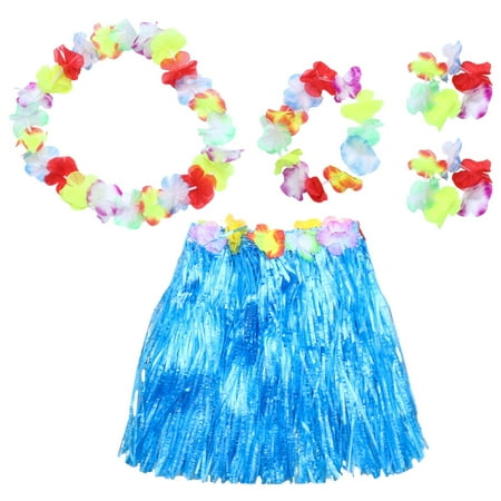 

NUOLUX Hawaiian Style Skirt Set Simulation Flower Headdress Bracelets Hanging Garland Party Costume Accessories (Blue)