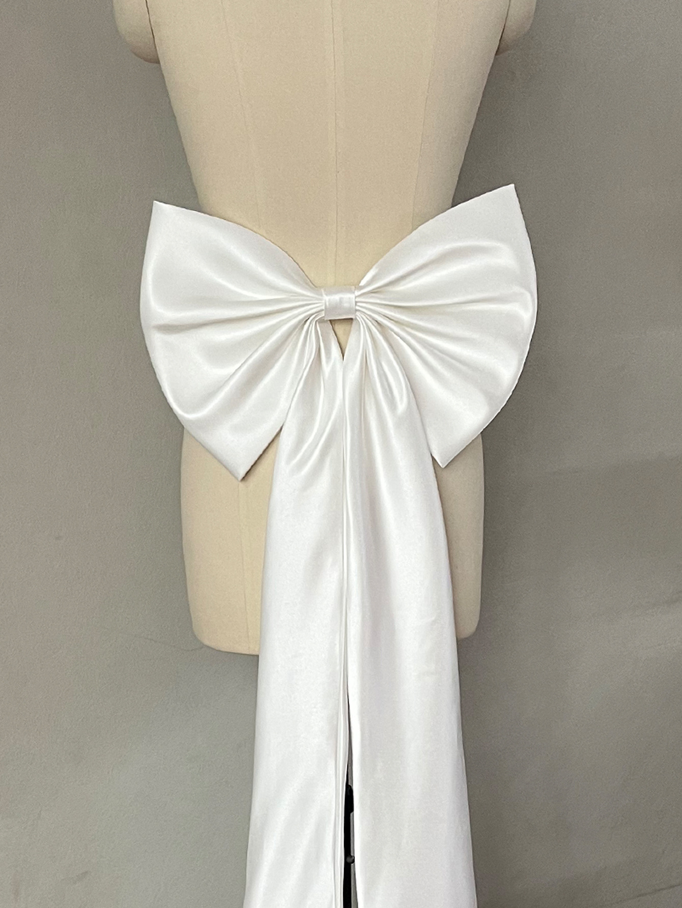 1pc White Satin Back Big Single Layered Black Bow & 150cm Long Ribbon For Waist Decoration