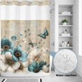 thumbnail image 2 of No Hook Shower Curtain, Teal Tulip Butterfly Shower Curtains for Bathroom with See Through Top Window, Beige Turquoise Floral Vintage Rustic Waterproof & Washable Bath Curtain Extra Long 72"x84", 2 of 9