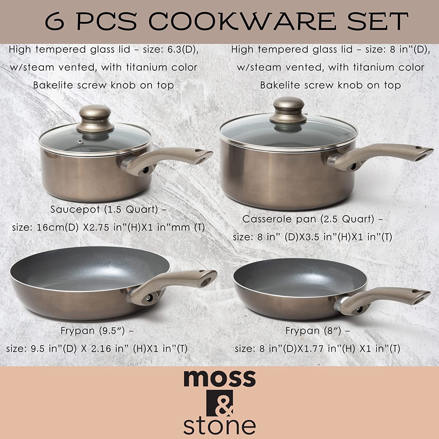 Moss & Stone 6 Piece Gray Nonstick Aluminum Cookware & Kitchen Set