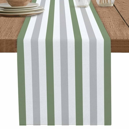 

Modern Sage Green Gray Stripes Table Runner-36 Inch Long White Background Table Runners Linen Burlap Tablerunner for Kitchen Dining Room Holiday Party