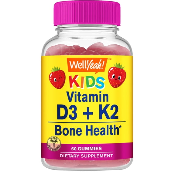 WellYeah Vitamin D3   K2 for Kids Gummies - Vitamin D3 1000 IU, K2 100 MCG - Bone and Muscle Health Support, Natural Flavors, GMO Free, Gluten Free, Vegan - K2 D3 Vitamin Supplement- 60 Gummies