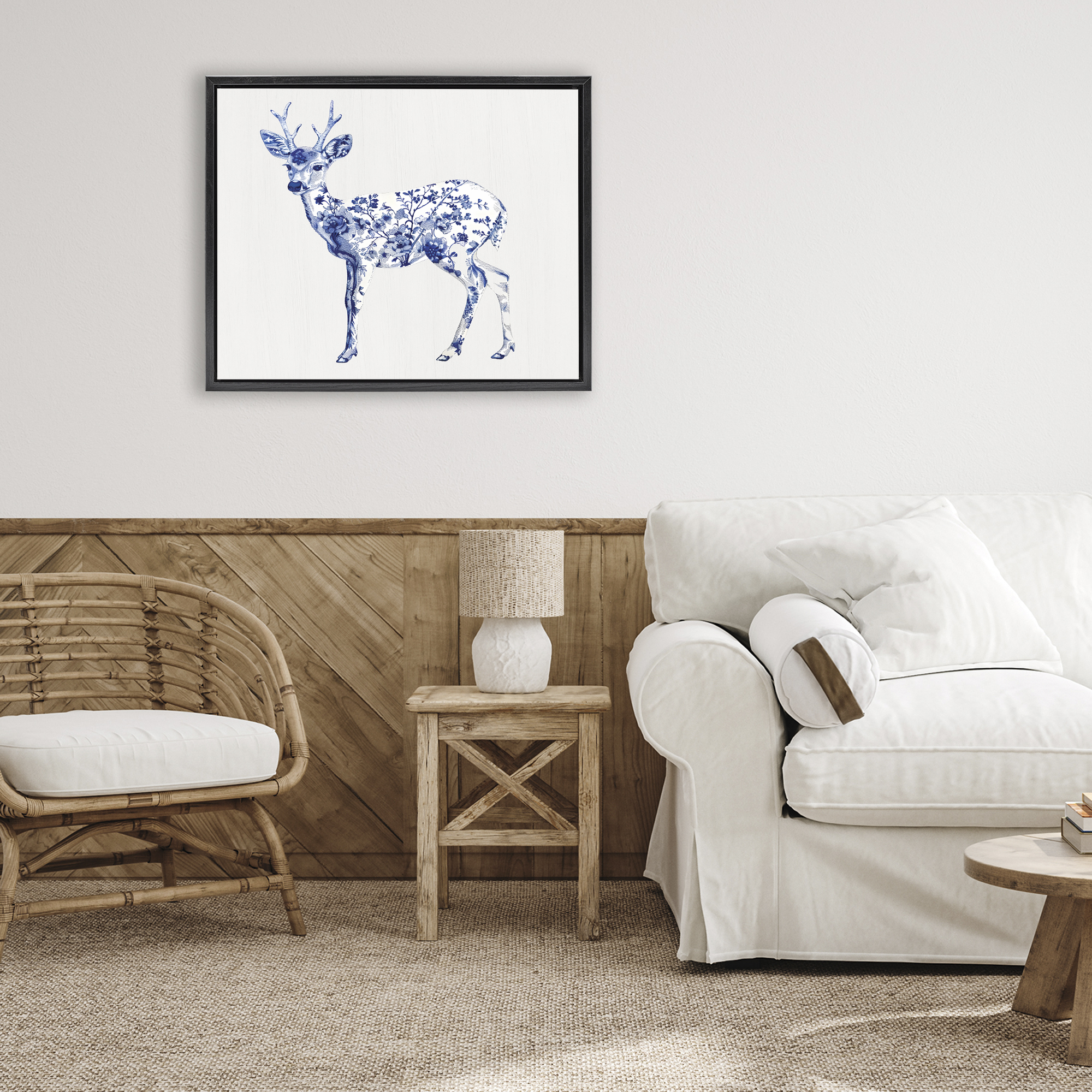 Graceful Toile Deer Black Framed Floater Canvas Wall Art, design by Lettered and Lined