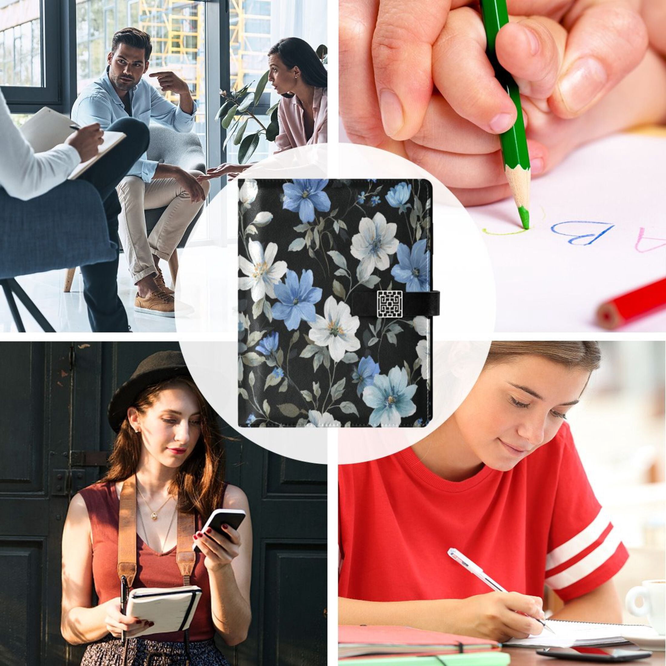 Leather Planner Leather Notebook Notebook Journal Binder Design Pen Pocket Design Convenient for Storage White Blue Flower Pattern