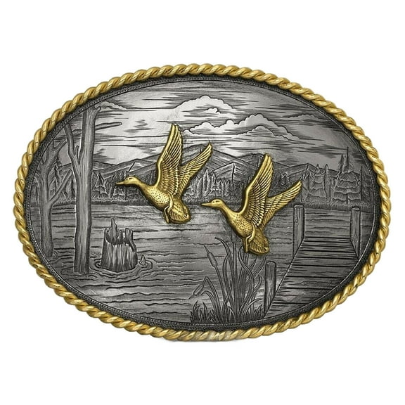 Montana Silversmiths On The Banks with Ducks Oval Rope Edge Western Belt Buckle