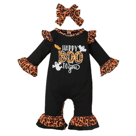 

YMH 1 Set Baby Romper Alphabet Pattern Leopard Print Cute Siamese Round Neck Dress Up Long Sleeves Holiday Wear Halloween Infant Jumpsuit Hair Band for Indoor