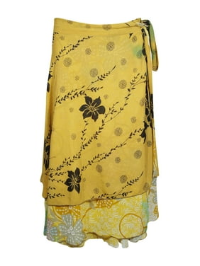 Mogul Women Sari Wrap Skirt Yellow Black Printed 2 Layer Summer Beach Wear Cover Up Long Magic Sarong Skirts One Size