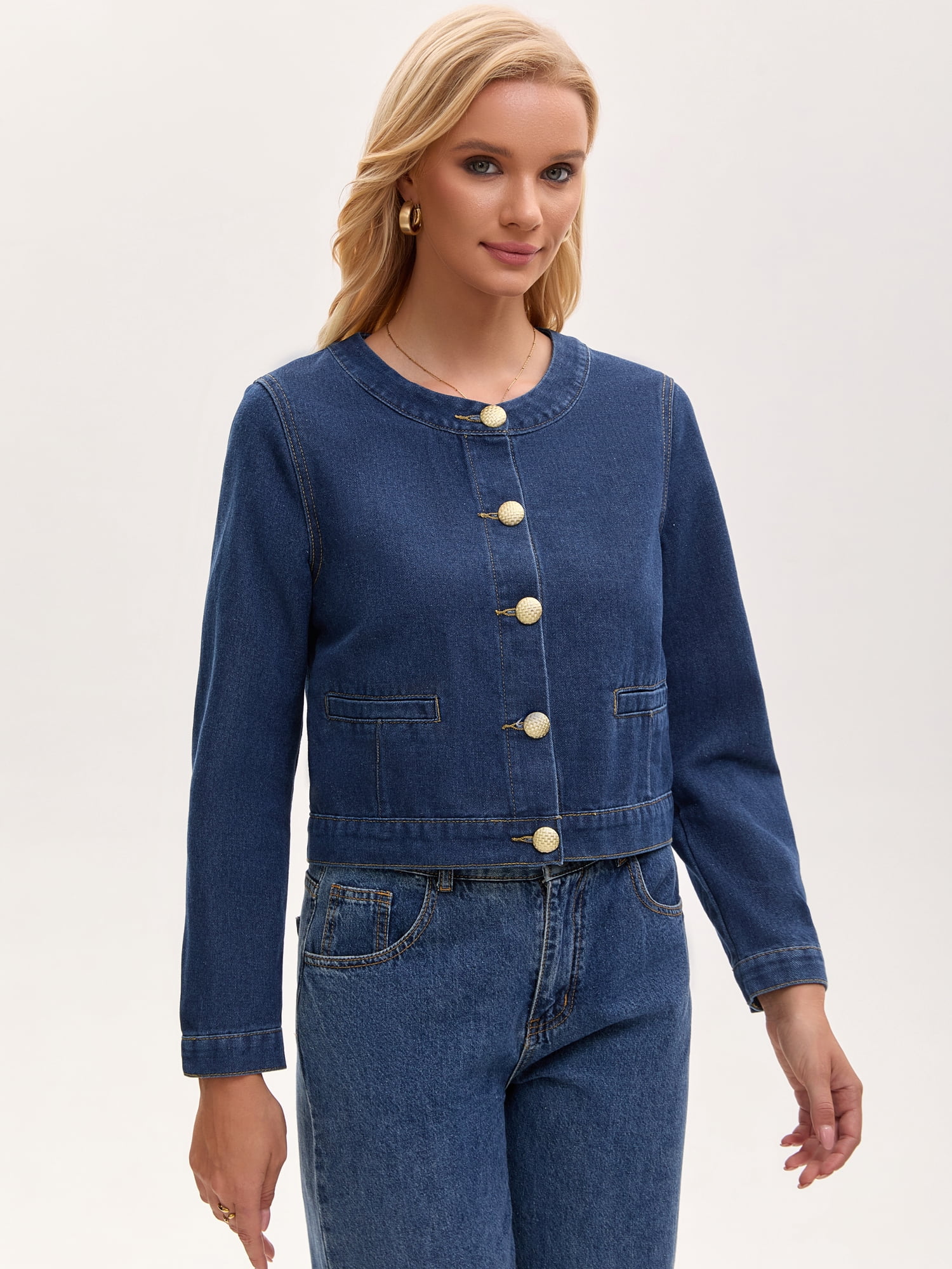 DARING DIVA Women's Collarless Long Sleeve Button Down Jean Jacket M Dark Blue