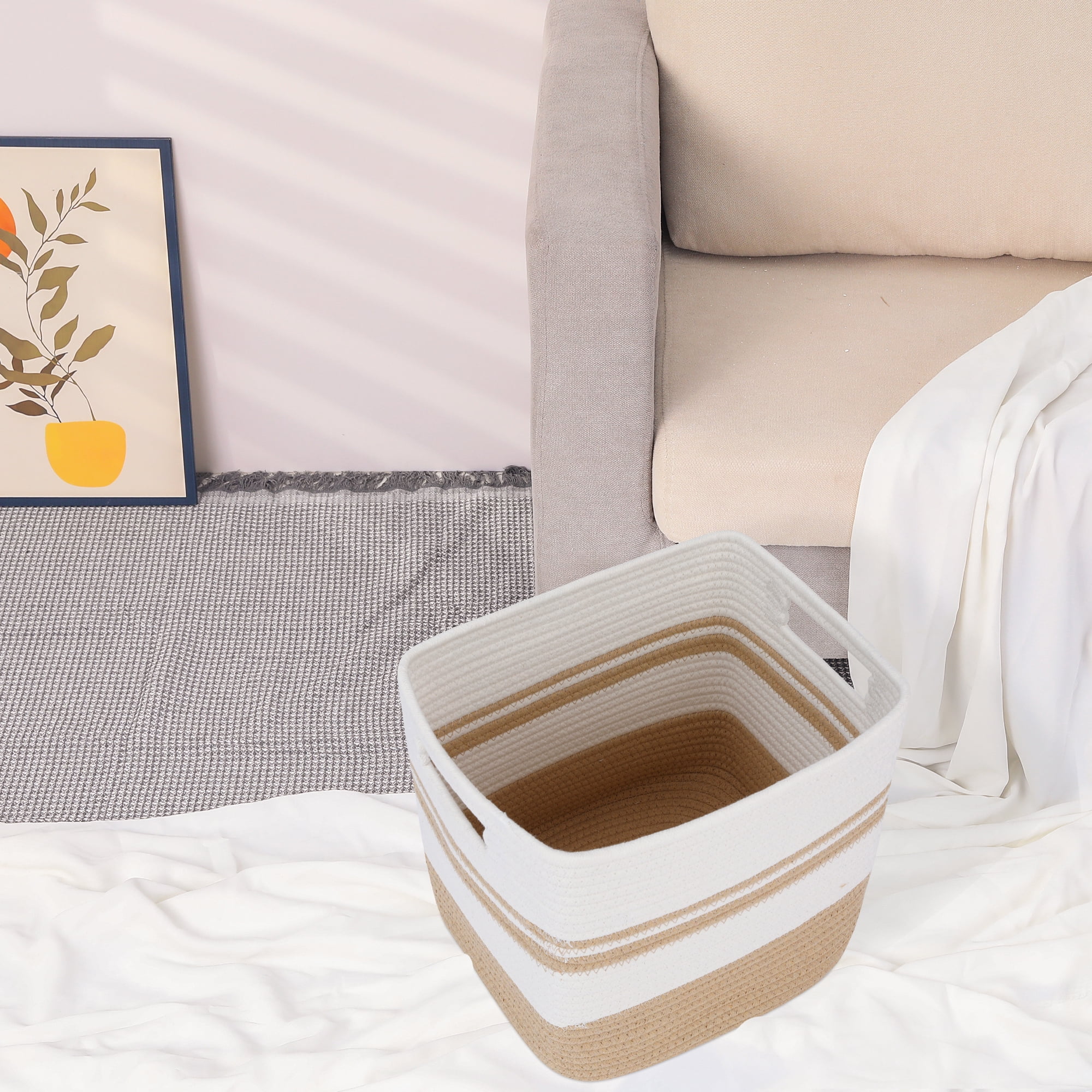 Unique Bargains Woven Storage Basket for Blankets Organizer Flaxen 11*11*11in