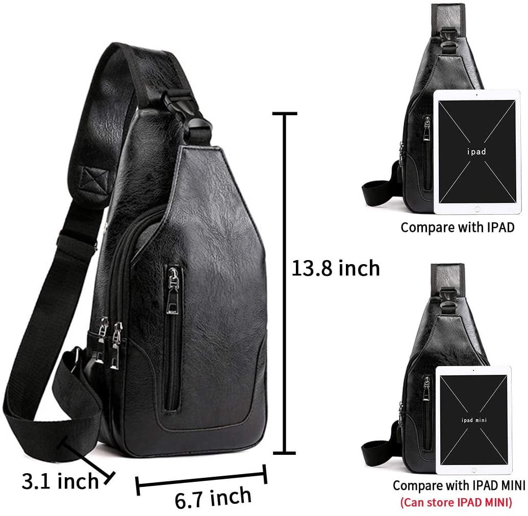 Men Sling Bag Anti Theft Shoulder Bag Small Leather Crossbody Sling Backpack with USB Charge Port