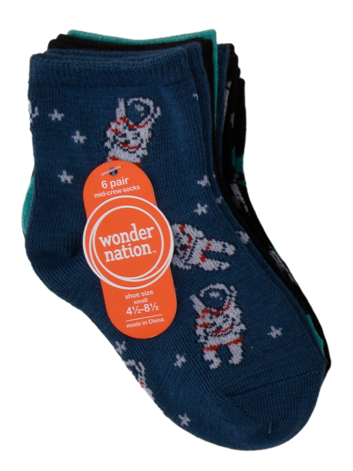 Wonder Nation Mid Crew Graphic Socks, 6-Pack Boys Shoe Size S (4-8.5) - L (3-9)