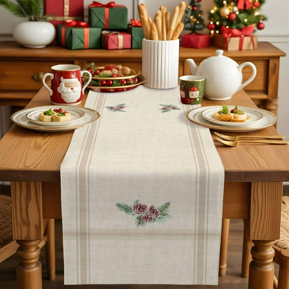 Vintage Christmas Pine Cones Table Runner Dresser Scarf,Kitchen Dining Table Decoration Brown Striped Linen Table Runners for Home Wedding Indoor Outdoor Party,13x70in