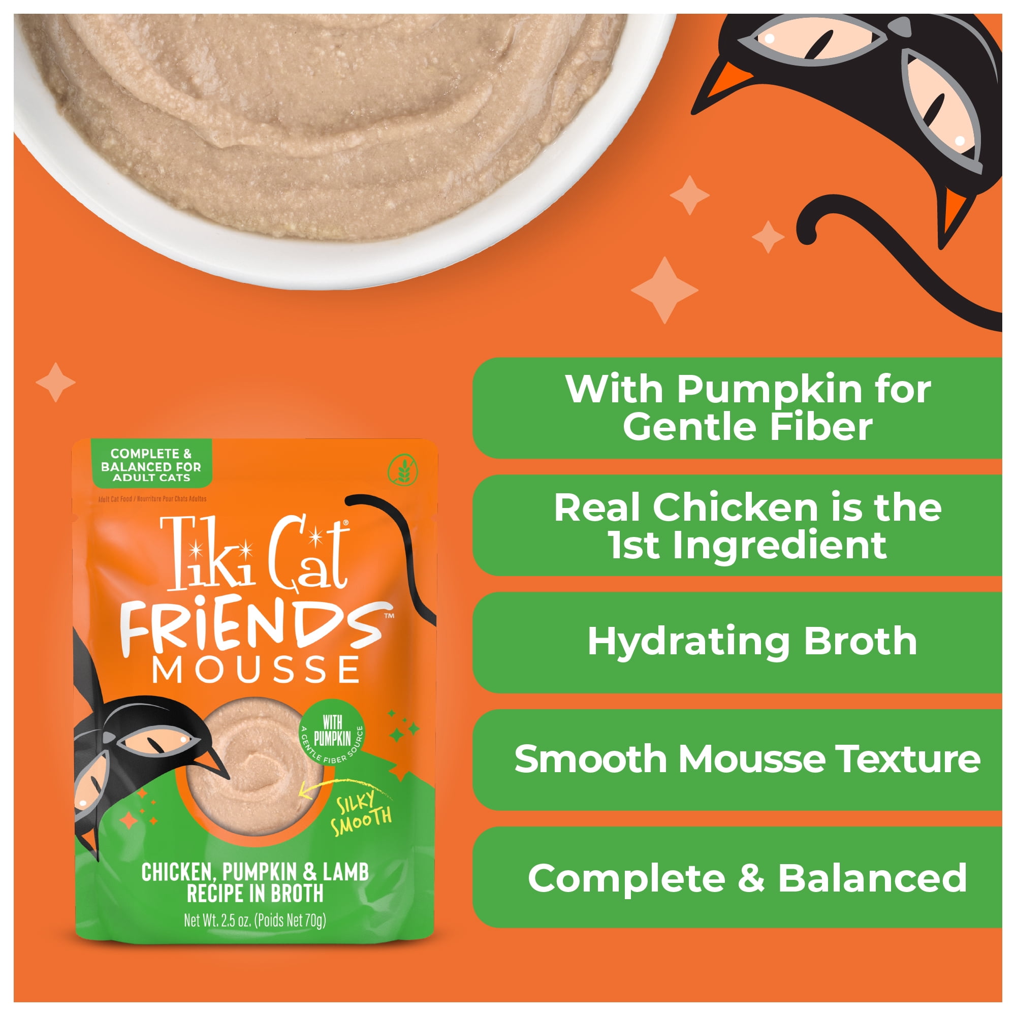 (12 pack) Tiki Cat Friends Mousse Chicken, Pumpkin & Lamb Recipe in Broth, 2.5 oz. Pouch