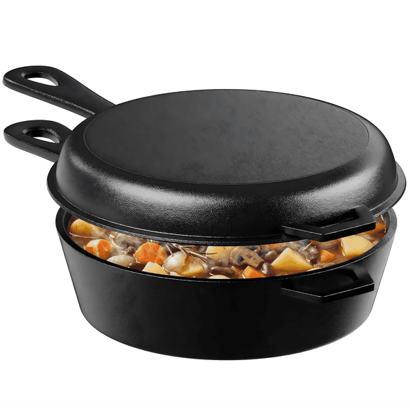 LIFERUN 2-in-1 Cast Iron Dutch Oven Pot, with Skillet & Lid - 2.9 Qt Deep Pot   1.27 Qt Frying Pan, Easy Clean, for Oven, Stove, Grill, Campfire