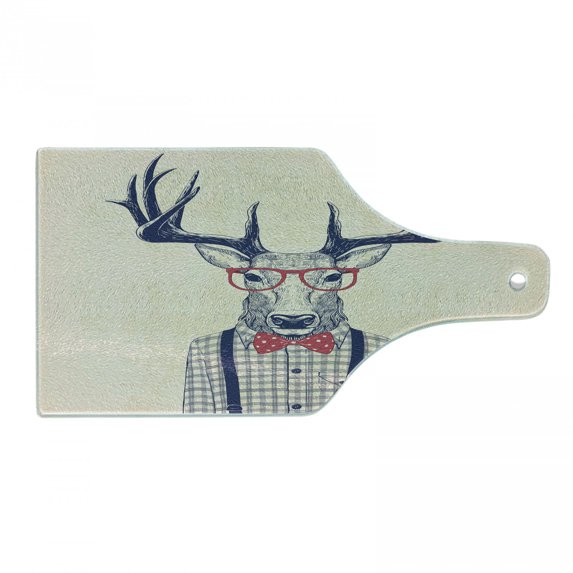 Hipster Cutting Board, Humorous Portrait of Deer with Jazz Polka Dotted Bow and Shirt, Decorative Tempered Glass Cutting and Serving Board, in 3 Sizes, by Ambesonne