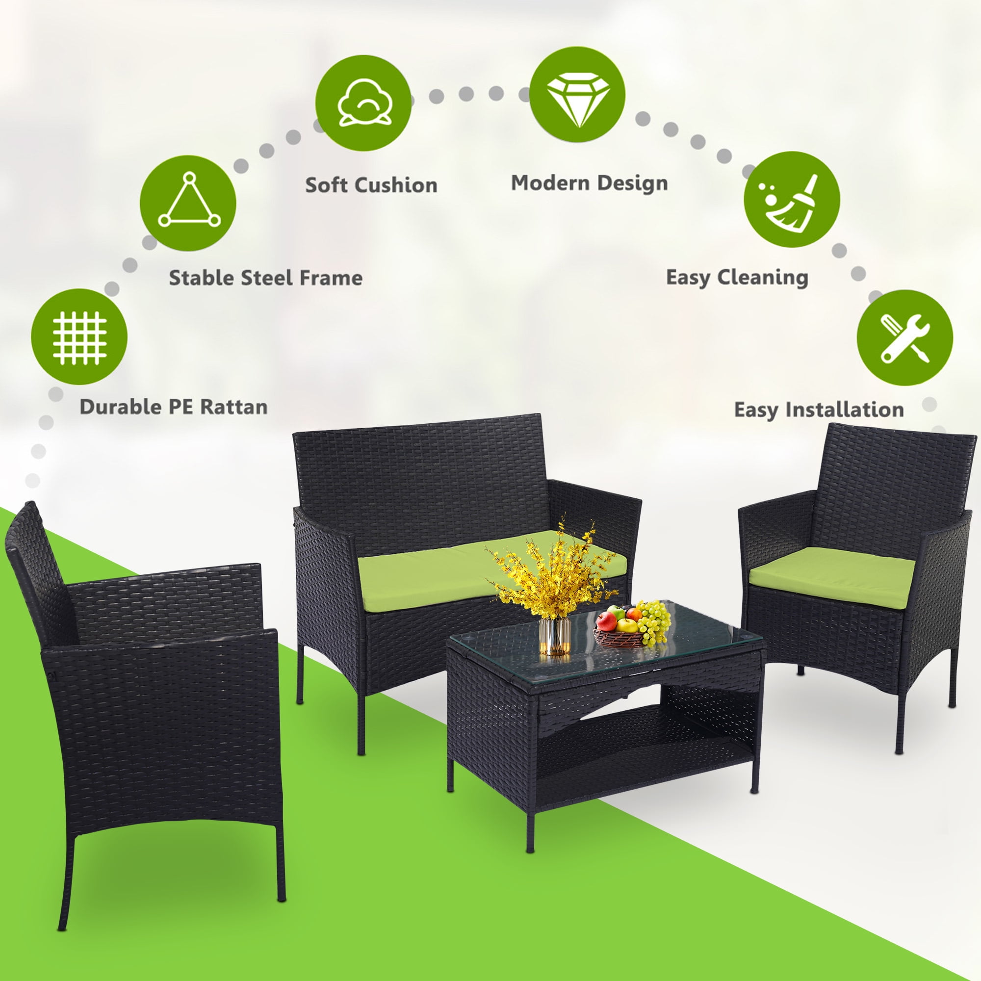 4 Pieces Outdoor Wicker Conversation Set, All-Weather Rattan Patio Furniture Sets with Arm Chairs, Tempered Glass Tabletop and Cushions, Sectional Sofa Set for Backyard, Garden, Poolside