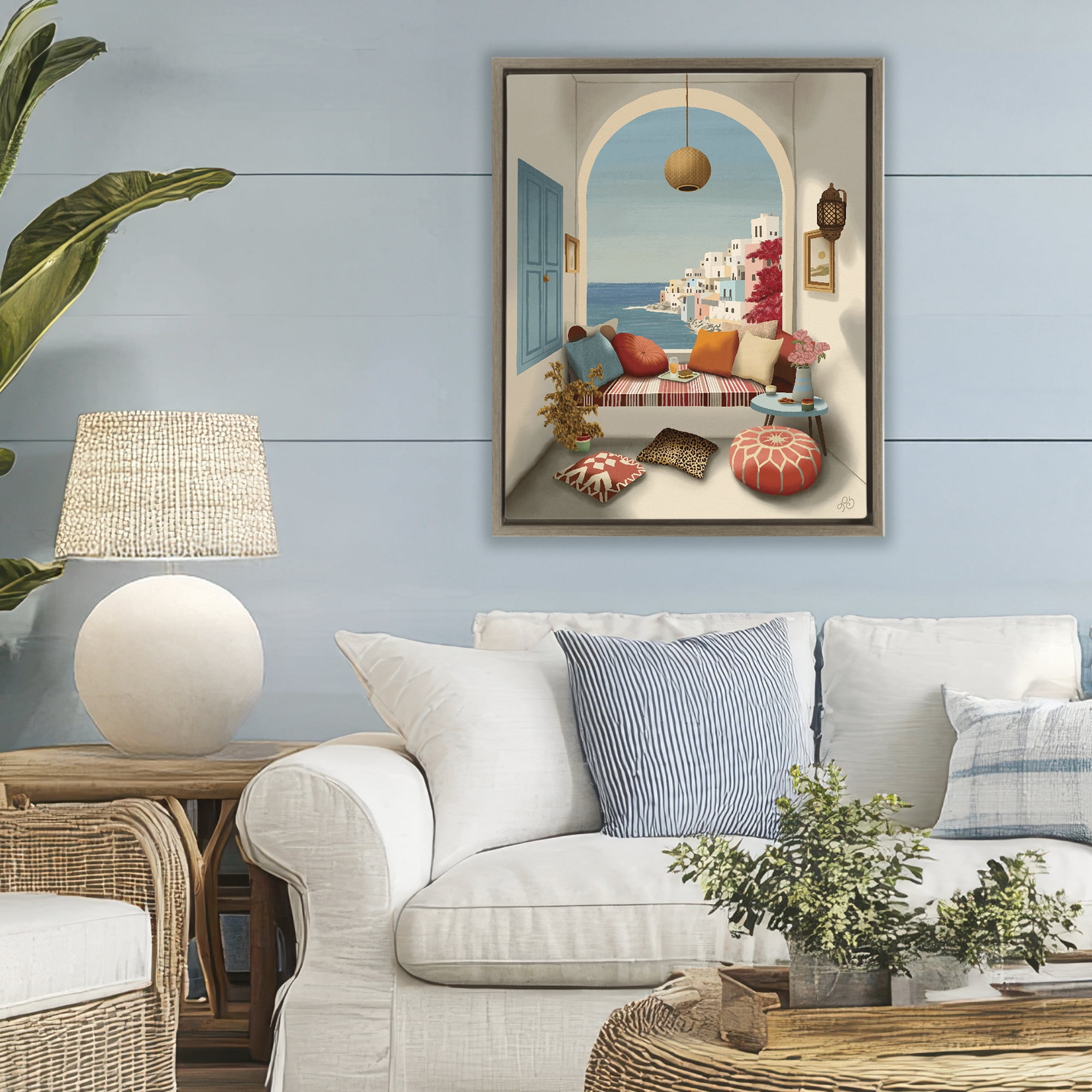 Stupell Industries Mediterranean Seaside Window View Brown Framed Floater Canvas Wall Art, design by Lisa R Dumm