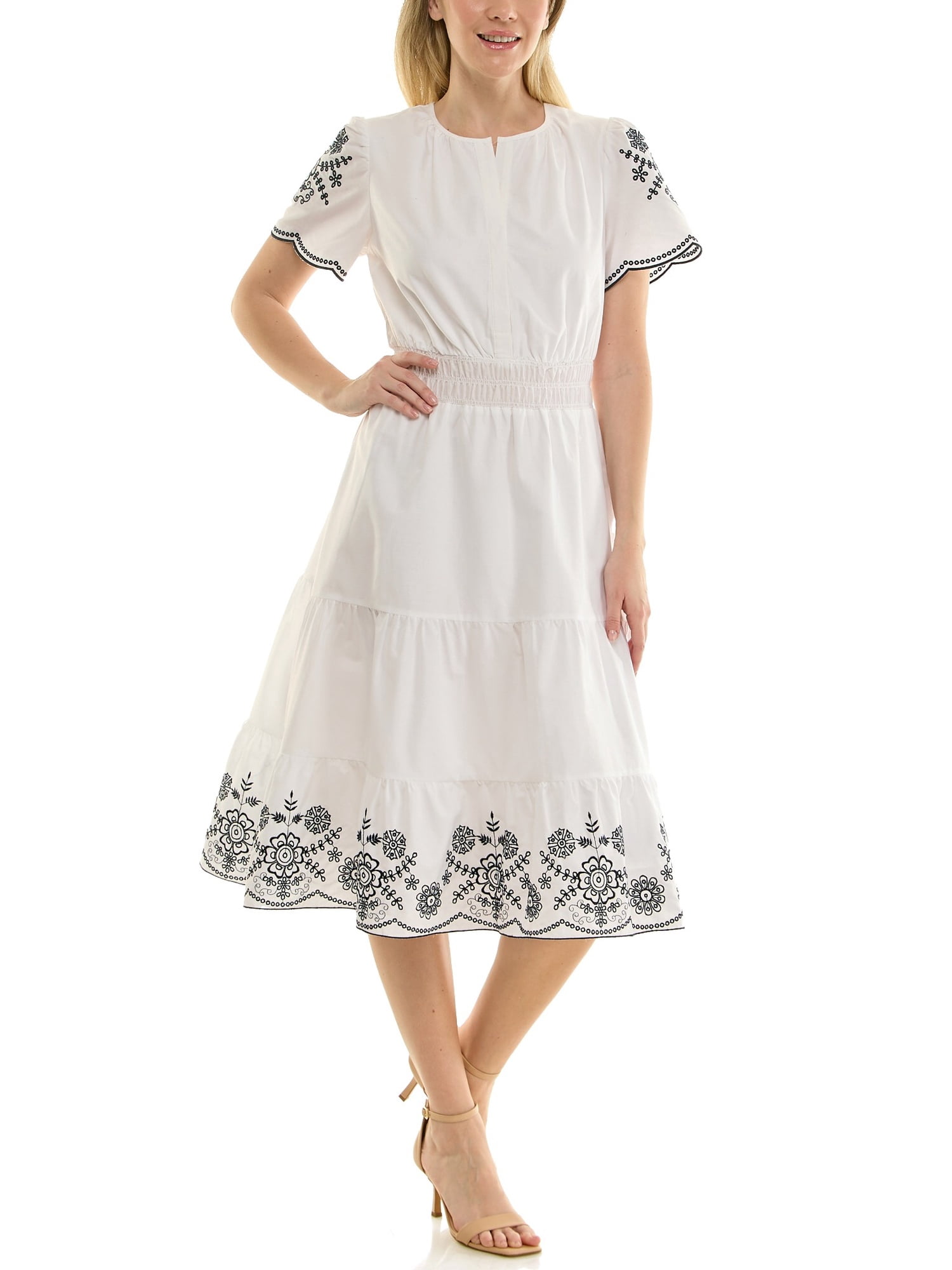 Nanette Lepore Split Neck Cotton Midi Dress With Embroidery