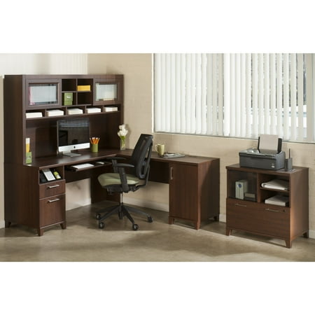 Bush Office Connect Achieve L-Shaped Desk with Hutch and Lateral File - Sweet Cherry