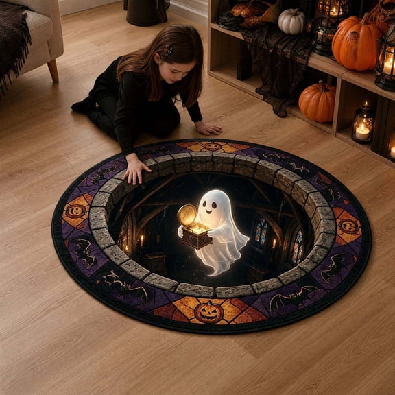 sruoe Halloween Creepy Visual Effect Round Floor Rug, Ghost Printed Polyester Doormat, Halloween Room Decor for Indoor Home Layout, Holiday Party