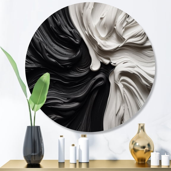 Designart "Marbled Dreamscape Black and White IV" Modern Geometric Metal Round Wall Decor