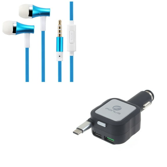 Retractable Car Charger w Hi-Fi Sound Wired Earphones W8A for Acer Liquid Jade Primo - Alcatel PulseMix, 7, Idol 5S 5 4S - ASUS Zenfone V Live, ROG Phone, AR 6 5z 4 Pro - Blackberry Motion