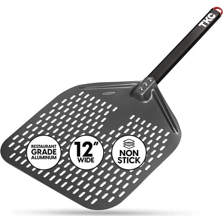 

TKC Pizza Peel 12 inch - Perforated Pizza Peel Compatible with all Ooni and Roccbox Outdoor Ovens - Aluminum Pizza Peel for Homemade Pizza - Compact Design - 26 Inch Overall Length (Black/Gray)