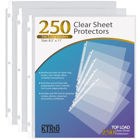 Protectores de láminas KTRIO Clear, 8.5 x 11 pulgadas, para encuadernación de 3 anillas, paquete de 250
