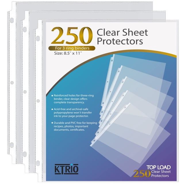 Protectores de láminas KTRIO Clear, 8.5 x 11 pulgadas, para encuadernación de 3 anillas, paquete de 250