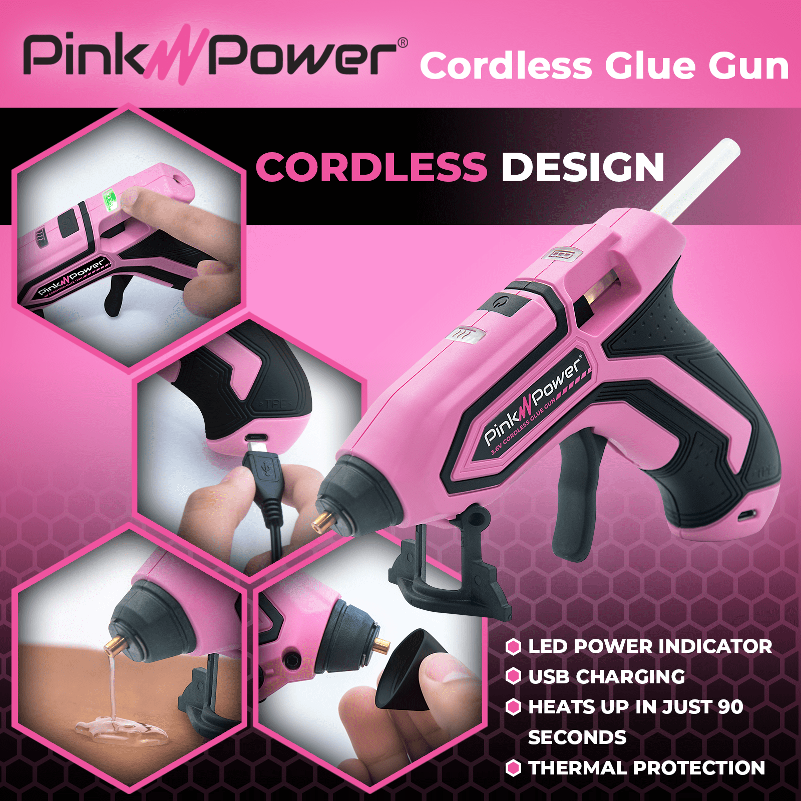  MONVICT Cordless Hot Glue Gun Kit, USB-C Rechargeable Mini Pink  Glue Gun with 40 Pcs Premium Glue Sticks, 10 Pcs Craft sticks, Carrying  Case, Smart Power-Off Hot Melt Glue Gun for