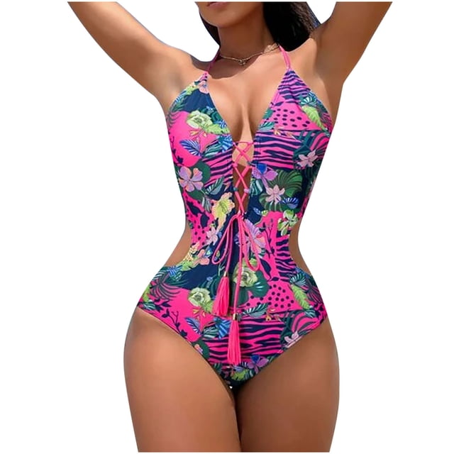 Birdeem Womens Conjoined Body Halter Backless Printing Bikinis Sets