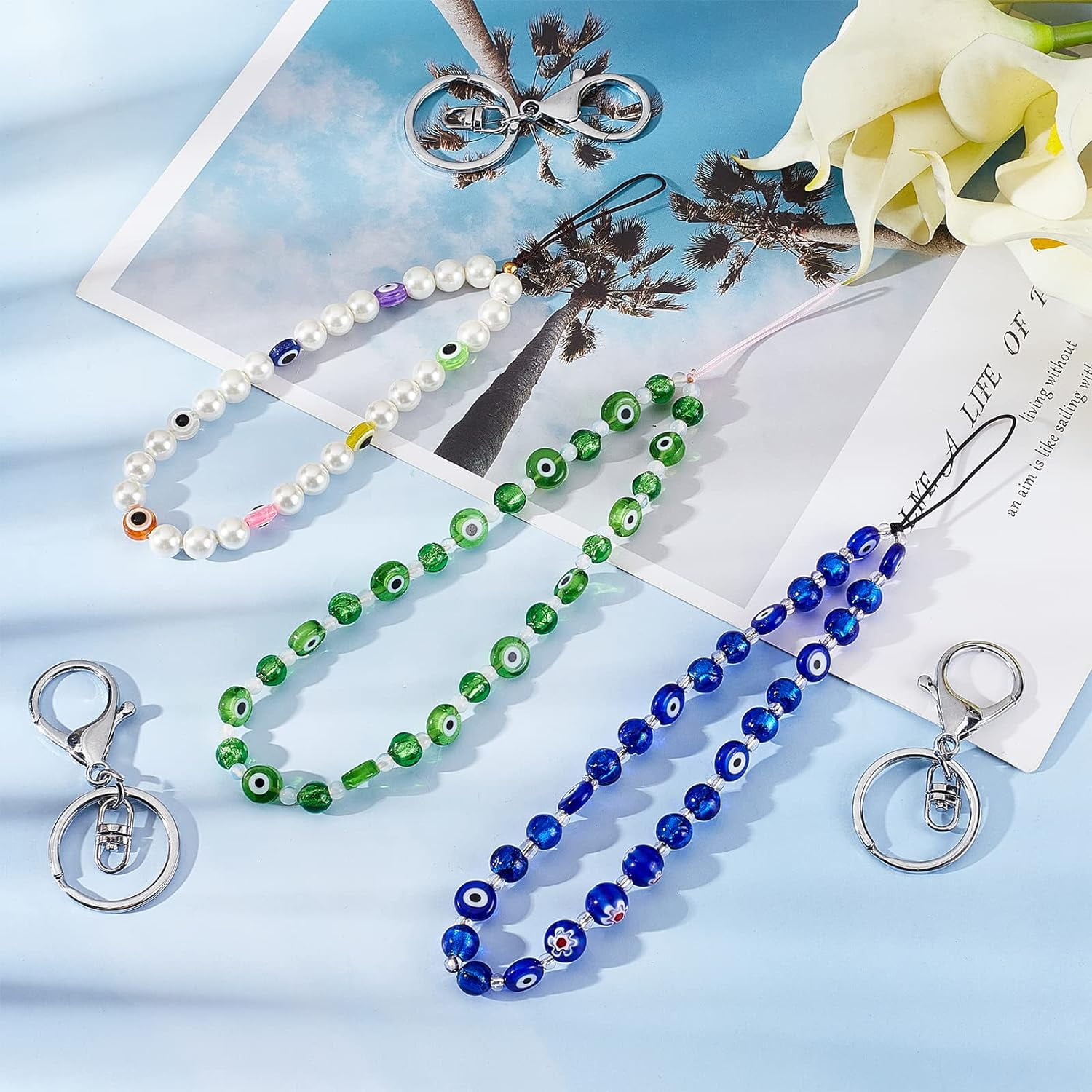 3 Pcs 3 Style Evil Eye Phone Chain with Alloy Keychain Clasp Evil