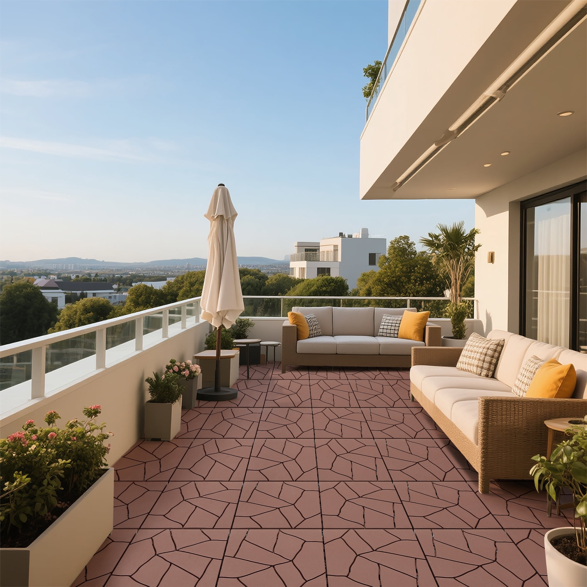 Stone Style 12" Patio Deck Tiles 44pcs Brown DIY Module Interlocking Floor Tiles PP Indoor Outdoor Quick Installation for Porch Poolside Balcony Backyard