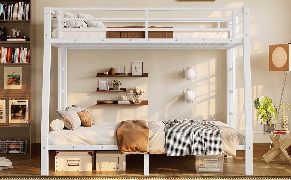 Mintazer Full XL Over Queen Metal Bunk Bed with 2 Side Ladders & Guardrails for Bedrooms Teens Adults, White