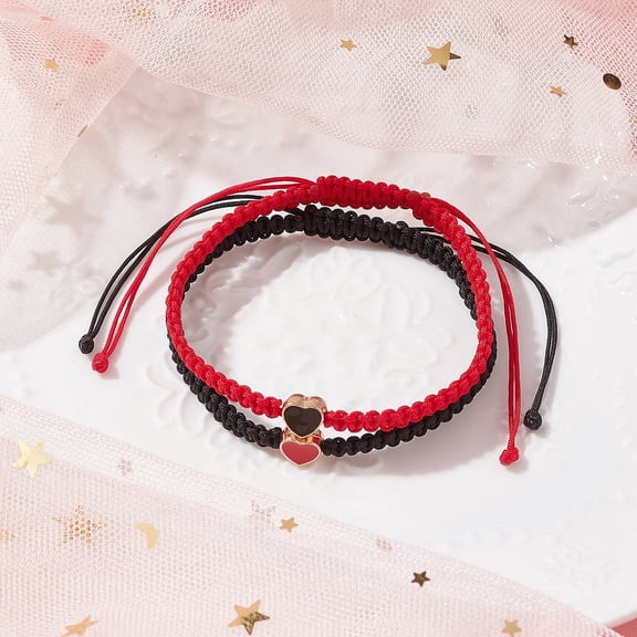 2pcs 2 colors Nylon Thread Chinese Knotting Cord Beading Cord Bead Best Friends Bracelts with Alloy Enamel Beads Heart Black Red 60~110 1pc/color